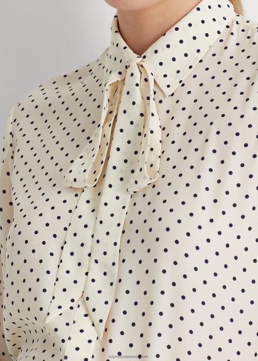 Ralph Lauren naised täpiline lipsukaelusega kreppsärk PR0V4063 pärgamentkreem/meresest