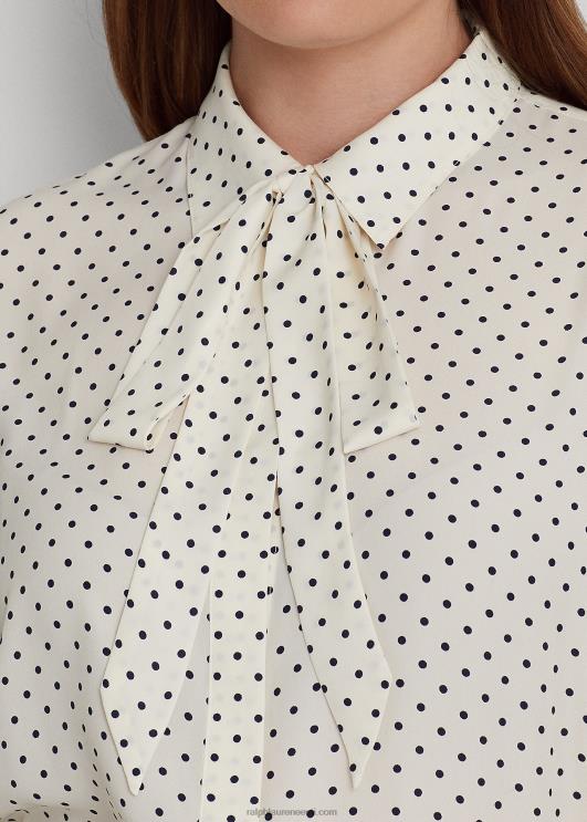 Ralph Lauren naised täpiline lipsukaelusega kreppsärk PR0V4668 pärgamentkreem/meresest