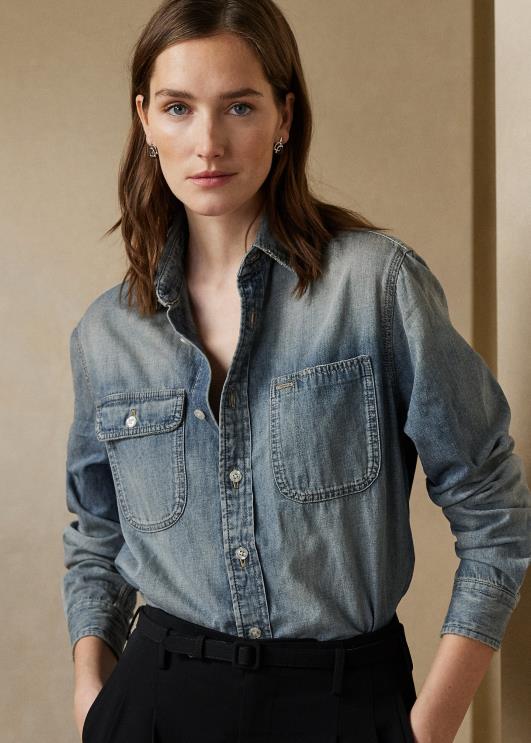 Ralph Lauren naised tamia puuvillane-linane teksasärk PR0V3467 kerge indigo