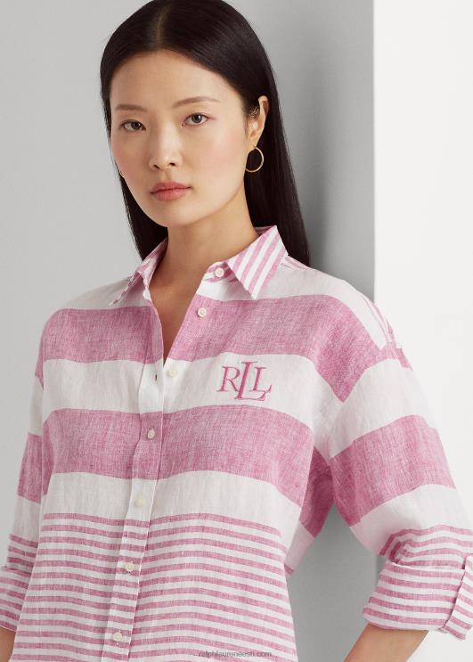 Ralph Lauren naised triibuline oversize linane särk PR0V4358 sport roosa/valge