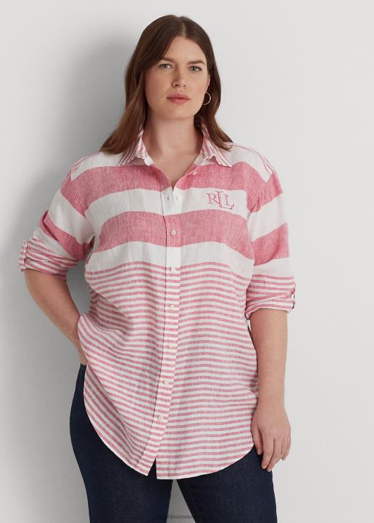 Ralph Lauren naised triibuline oversize linane särk PR0V4546 sport roosa/valge