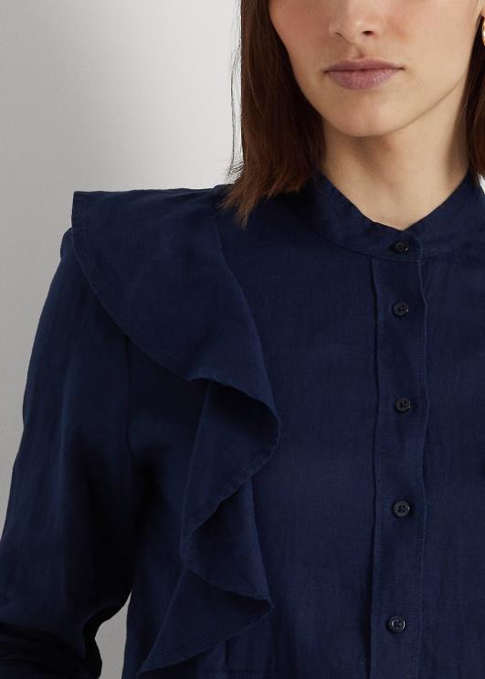 Ralph Lauren naised volangidega linane särk PR0V4080 rafineeritud merevägi