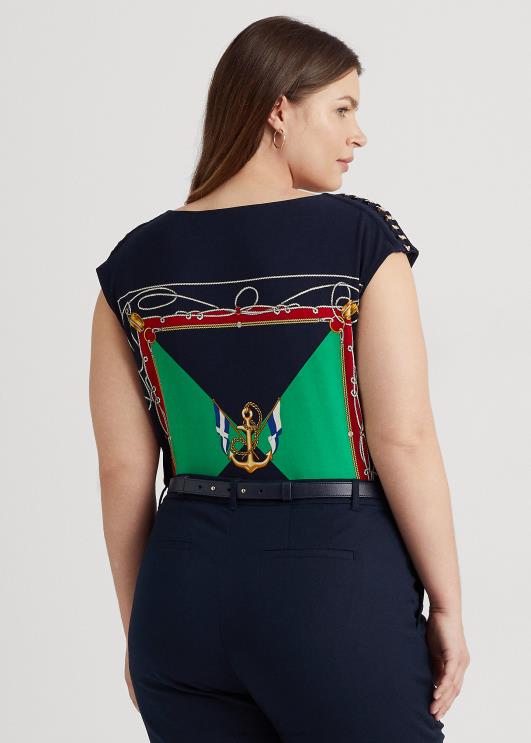 Ralph Lauren naised prindiga jersey varrukateta kaelusega topp PR0V4787 mereväe/roheline multi