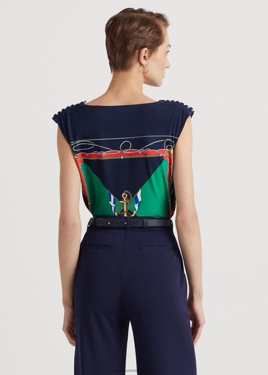 Ralph Lauren naised prindiga jersey varrukateta kaelusega topp PR0V4847 mereväe/roheline multi