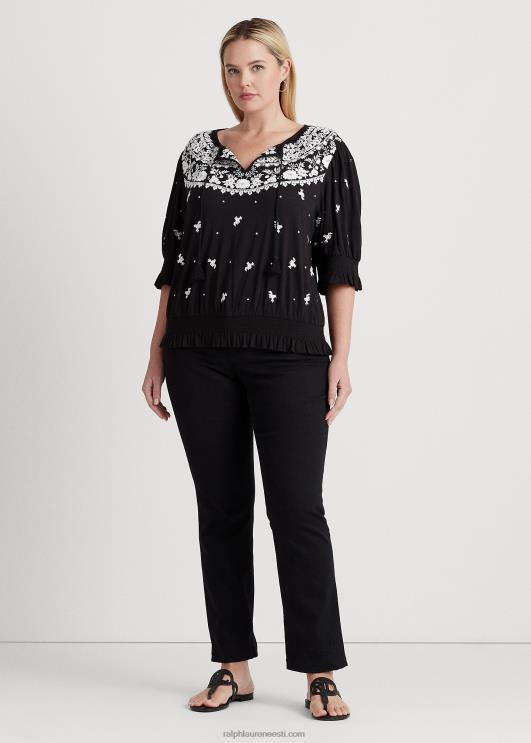 Ralph Lauren naised tikitud jersey lipsu-kaelusega topp PR0V4540 must valge