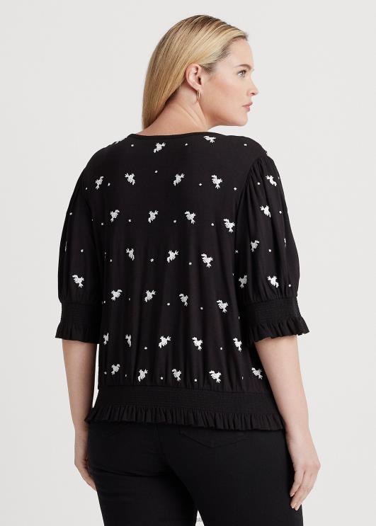 Ralph Lauren naised tikitud jersey lipsu-kaelusega topp PR0V4540 must valge