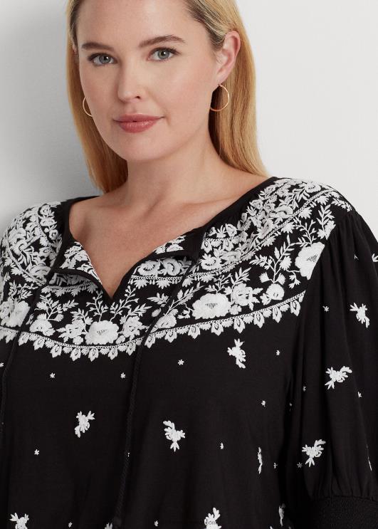 Ralph Lauren naised tikitud jersey lipsu-kaelusega topp PR0V4540 must valge