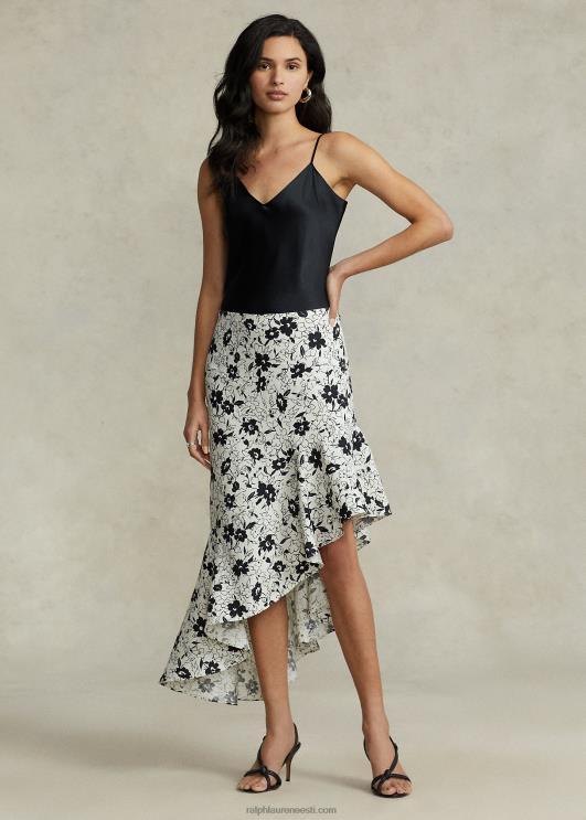 Ralph Lauren naised lilleline volangidega asümmeetriline linane seelik PR0V2942 must liilia kreemil