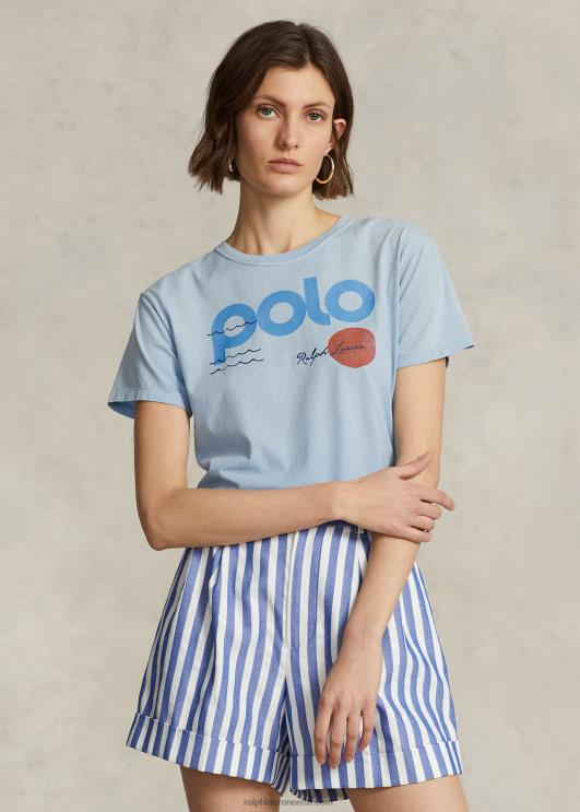 Ralph Lauren naised merenduslogoga graafiline puuvillane trikoosärk PR0V3030 pulber sinine