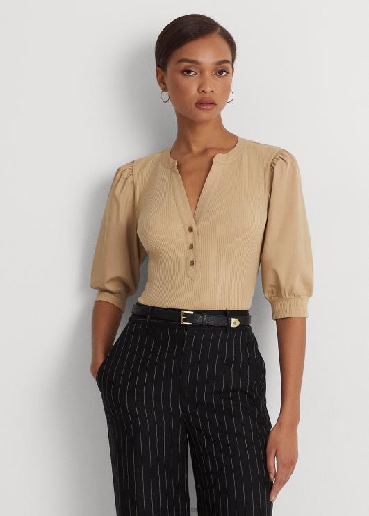 Ralph Lauren naised puhvis varrukatega puuvillasegune Henley t-särk PR0V4885