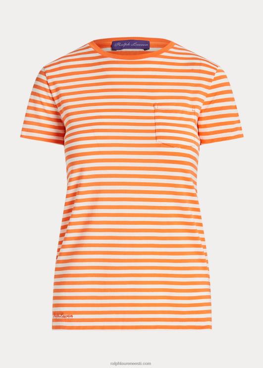 Ralph Lauren naised triibuline kaelakaelusega tasku t-särk PR0V9129 moonioranž/valge