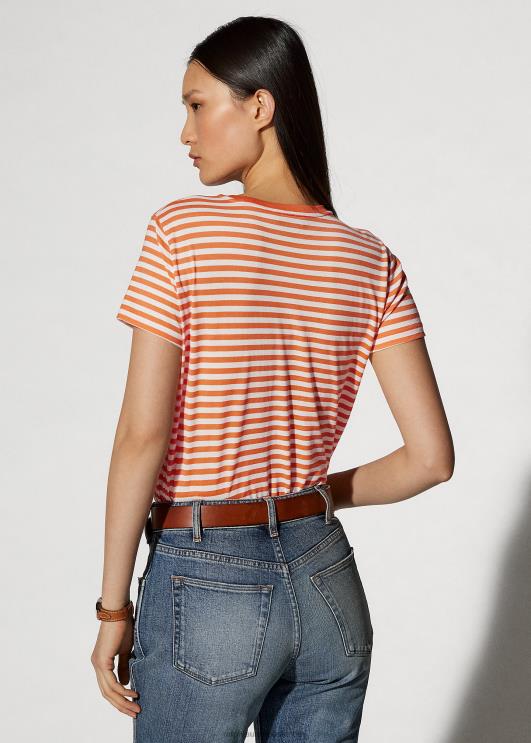 Ralph Lauren naised triibuline kaelakaelusega tasku t-särk PR0V9129 moonioranž/valge