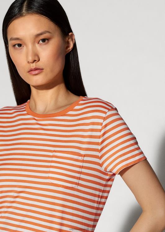 Ralph Lauren naised triibuline kaelakaelusega tasku t-särk PR0V9129 moonioranž/valge