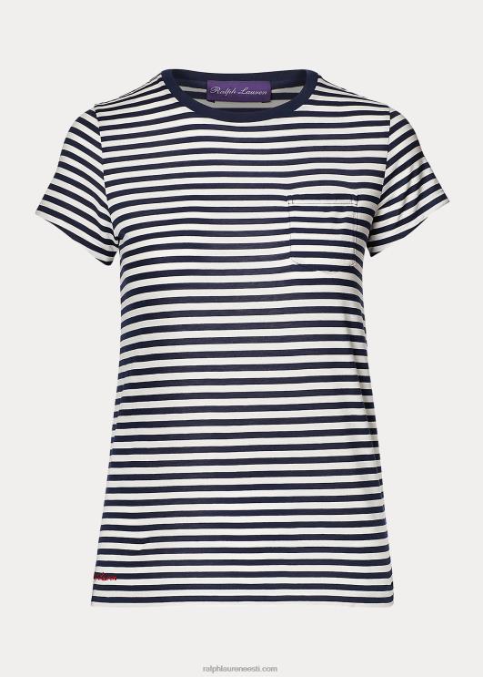 Ralph Lauren naised triibuline kaelakaelusega tasku t-särk PR0V9131 tume tumesinine/valge