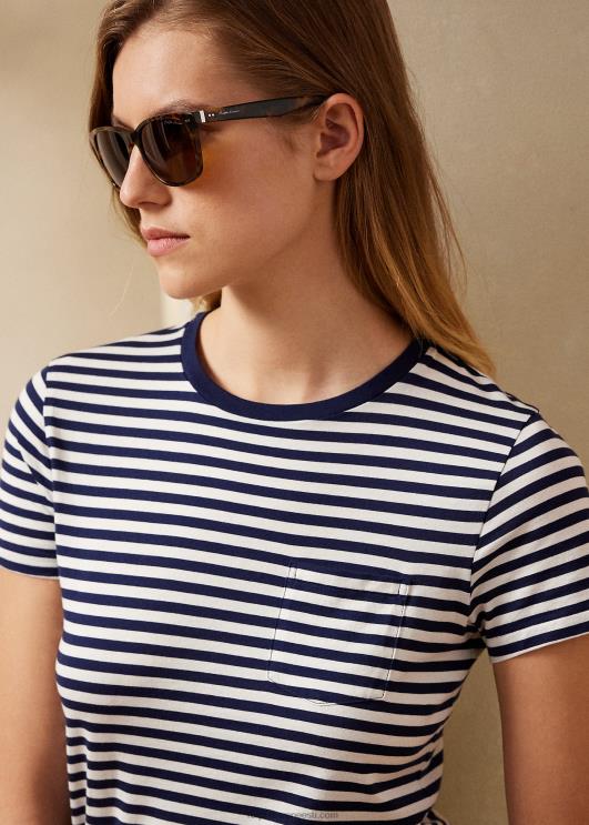 Ralph Lauren naised triibuline kaelakaelusega tasku t-särk PR0V9131 tume tumesinine/valge