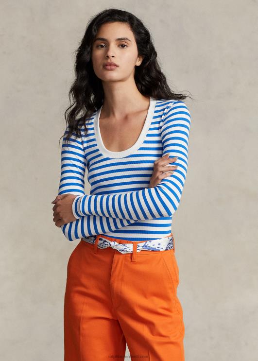 Ralph Lauren naised triibuline soonikuga t-särk PR0V3055 valge/spa kuninglik