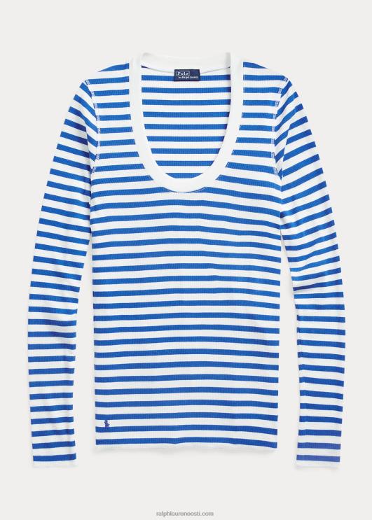 Ralph Lauren naised triibuline soonikuga t-särk PR0V3055 valge/spa kuninglik