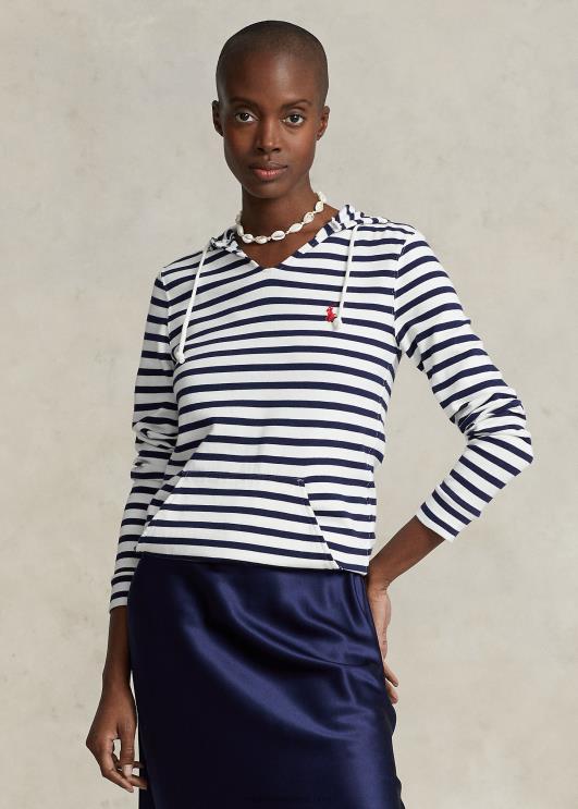 Ralph Lauren naised triibuline trikoo kapuutsiga tee PR0V3037 trofeekreem/rafineeritud merevägi