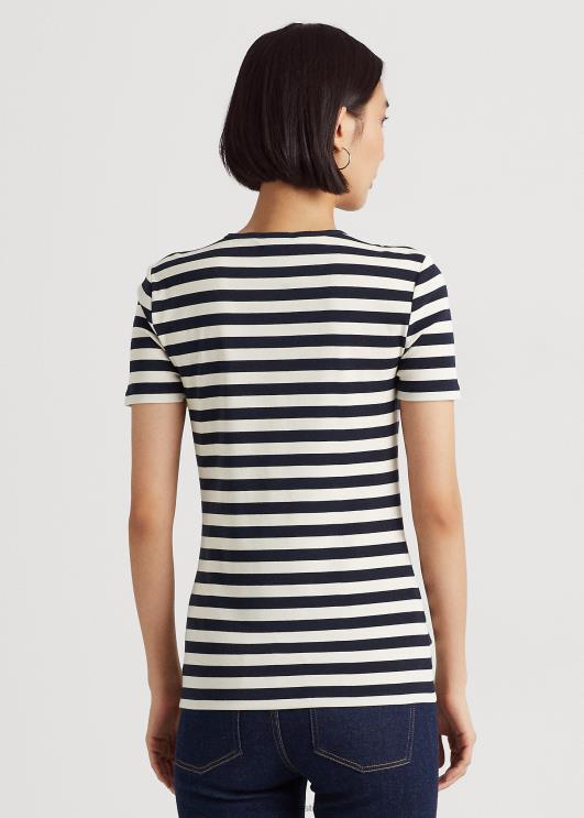 Ralph Lauren naised triibuline veniv puuvillane t-särk PR0V3998 rafineeritud merevärv/kreem