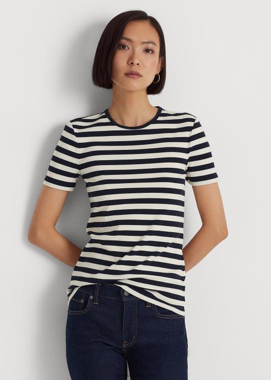 Ralph Lauren naised triibuline veniv puuvillane t-särk PR0V4388 rafineeritud merevärv/kreem