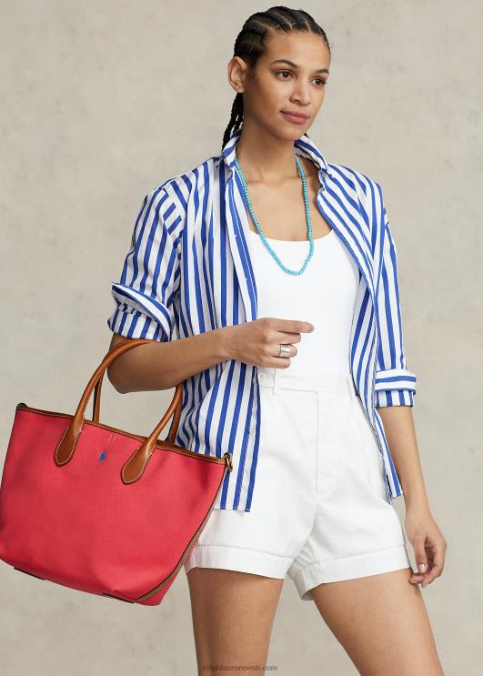 Ralph Lauren naised ümberpööratav lõuend keskmine bellport-kott PR0V5193 vastupidav punane/pulbersinine