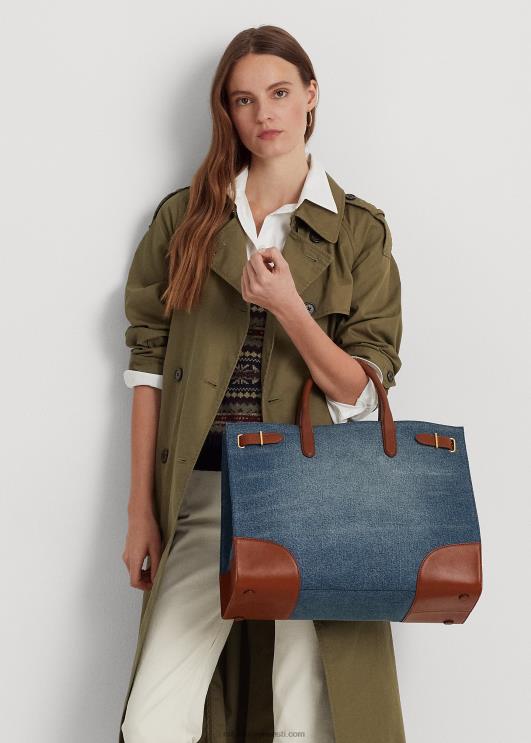 Ralph Lauren naised nahkkattega teksakangast suur devyn kandekott PR0V5426 päikeseloojangu indigopesu