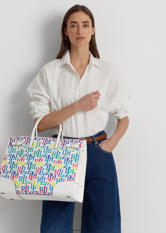 Ralph Lauren naised tikitud lõuendist suur devyn kandekott PR0V5425 mitmevärviline logo/valge