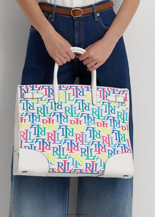 Ralph Lauren naised tikitud lõuendist suur devyn kandekott PR0V5425 mitmevärviline logo/valge