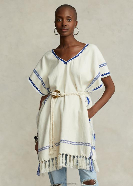 Ralph Lauren naised tutiga kootud puuvillane pontšo PR0V5470 kreem/sinine
