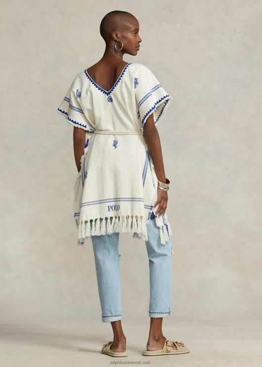 Ralph Lauren naised tutiga kootud puuvillane pontšo PR0V5470 kreem/sinine
