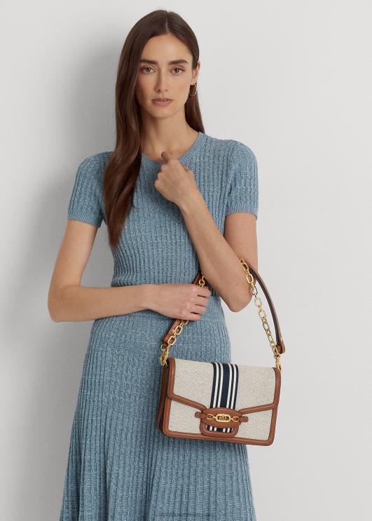 Ralph Lauren naised triibuline lõuend keskmine sydnee kott PR0V5387 tan/merepunane